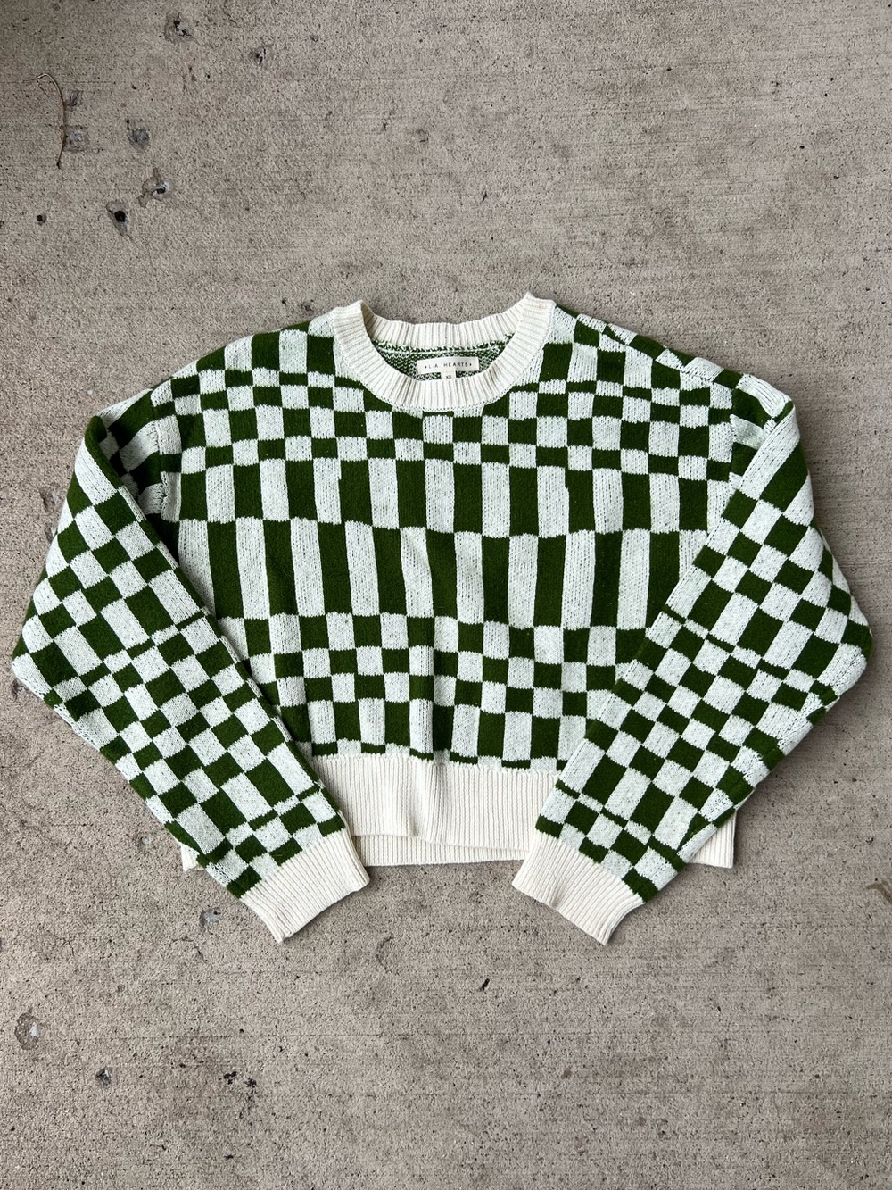 La Hearts Green & Cream Checkerboard Crew Sweater